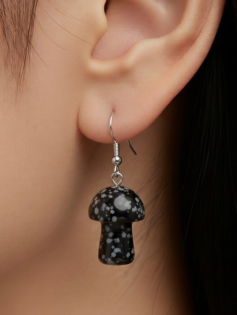 Black Howlite Mushroom Earrings Natural Stone Dangle Stainless Steel Boho Moody
